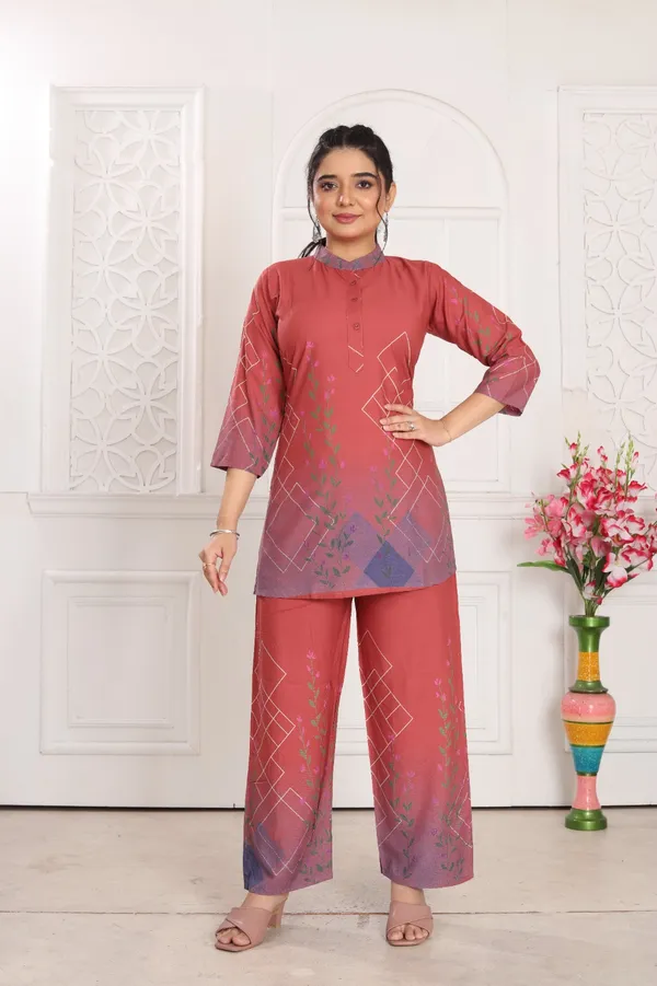Rust_Pink_Heavy_Rayon_With_Embroidery_Work_Co-Ord_Set_For_Women