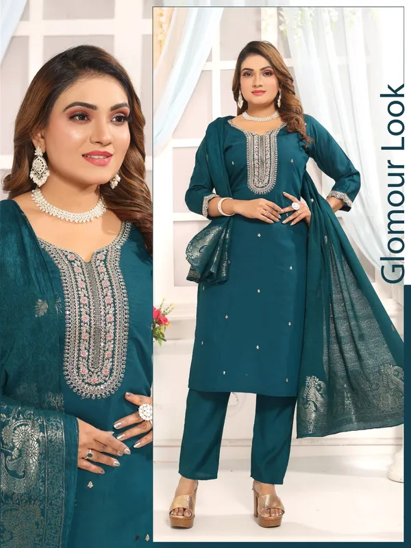 Teal_Roman_Silk_Kurta_And_Pant_Set_With_Dupatta_For_Women