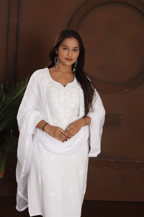 White_Heavy_Rayon_With_Embroidery_Work_Kurta_And_Pant_Set_With_Dupatta_For_Women