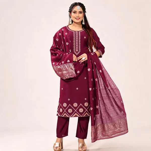 Maroon_Roman_Silk_Kurta_And_Pant_Set_With_Dupatta_For_Women