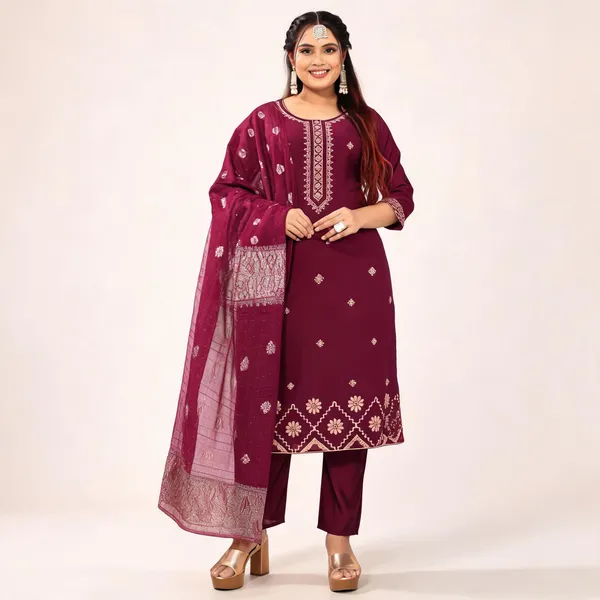 Maroon_Roman_Silk_Kurta_And_Pant_Set_With_Dupatta_For_Women