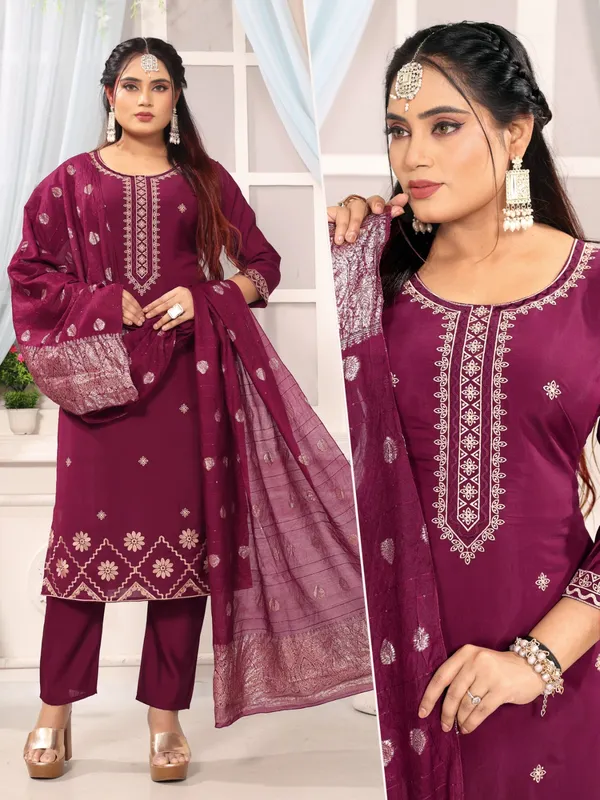 Maroon_Roman_Silk_Kurta_And_Pant_Set_With_Dupatta_For_Women