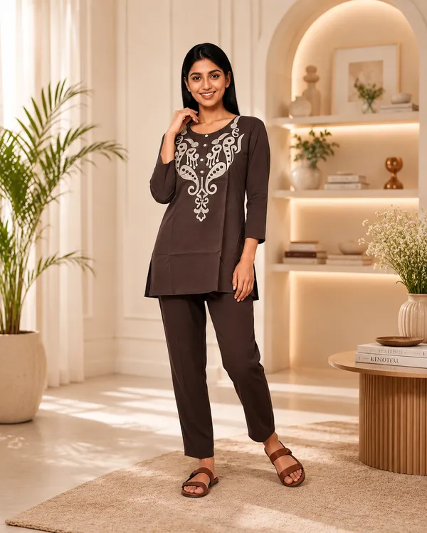 Brown_Heavy_Rayon_With_Embroidery_Work_Co-Ord_Set_For_Women