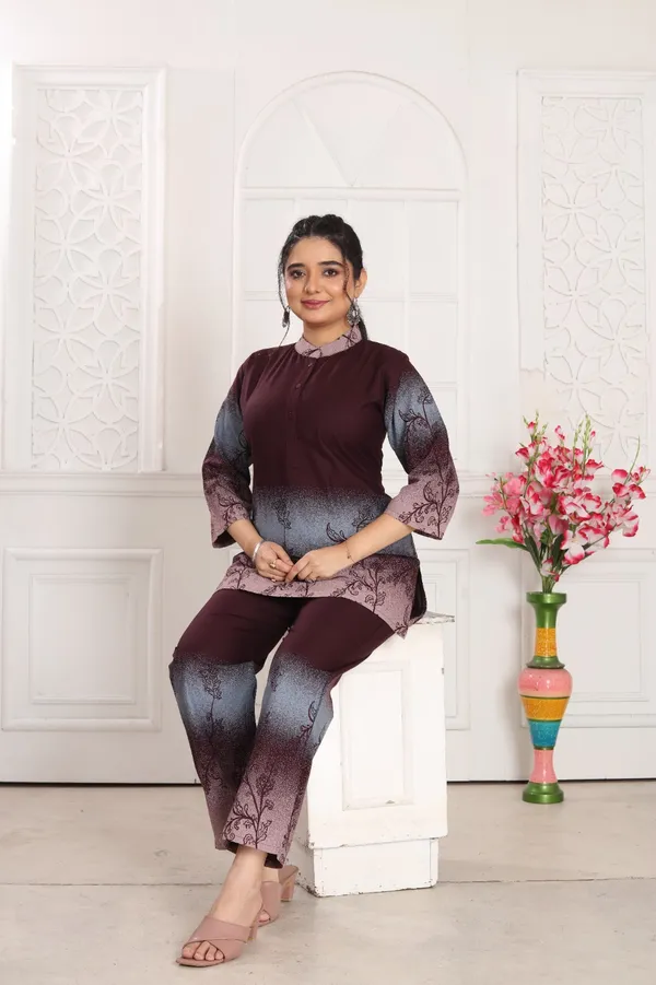 Maroon_And_Grey_Heavy_Rayon_With_Embroidery_Work_Co-Ord_Set_For_Women