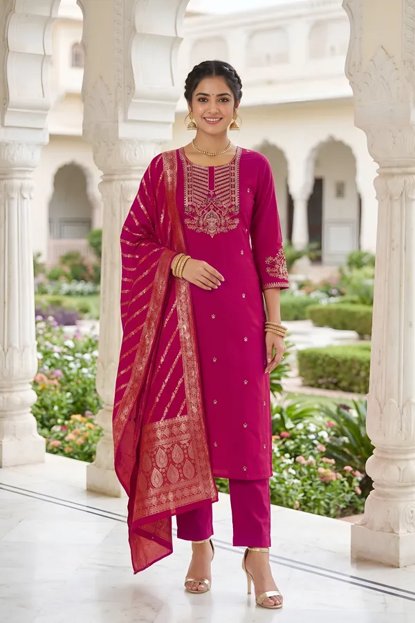 Pink_Roman_Silk_Top_With_Heavy_Embroidery_Work,_Pant_and_Dupatta_3_Piece_Suit_For_Women