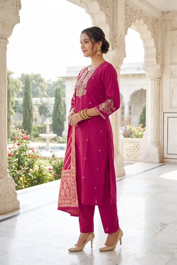 Pink_Roman_Silk_Top_With_Heavy_Embroidery_Work,_Pant_and_Dupatta_3_Piece_Suit_For_Women