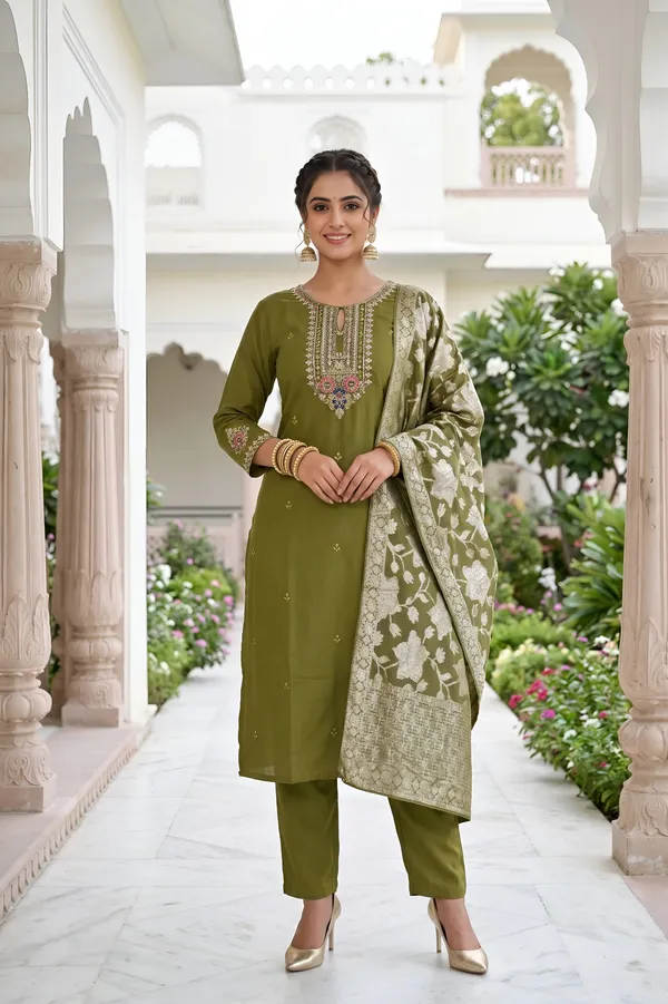 Olive_Green_Roman_Silk_3_Piece_Suit_For_Women