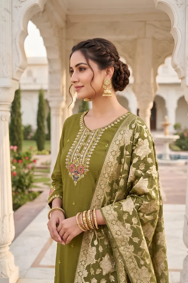 Olive_Green_Roman_Silk_3_Piece_Suit_For_Women