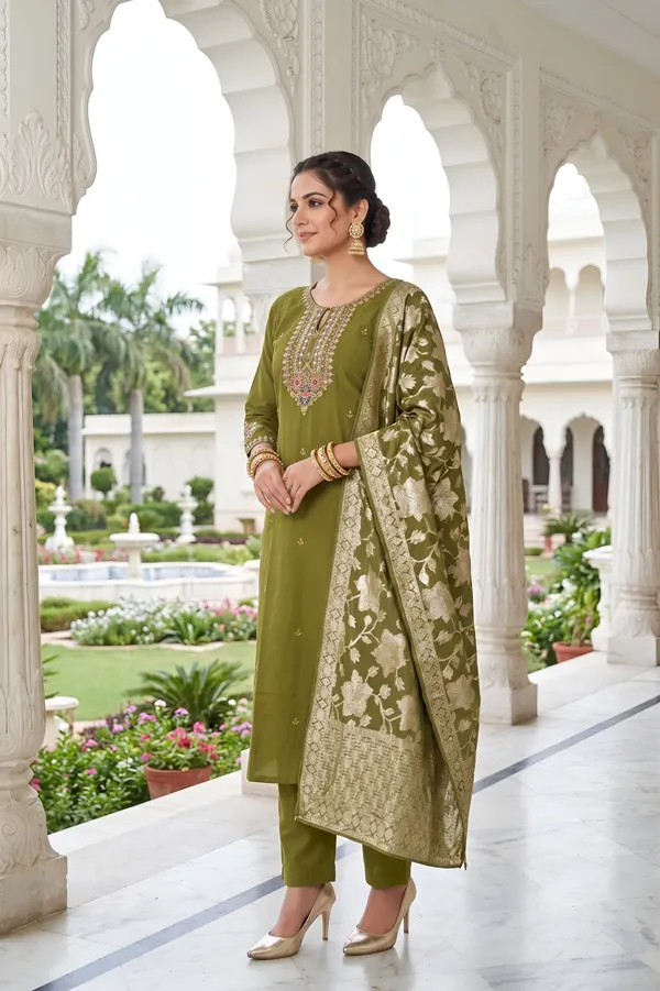 Olive_Green_Roman_Silk_3_Piece_Suit_For_Women