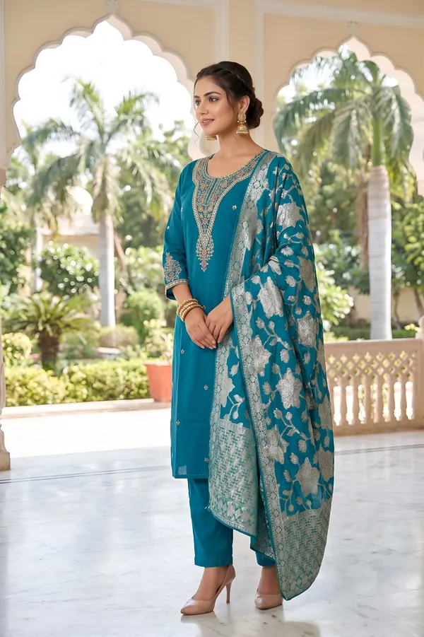 Peacock_Blue_Roman_Silk_3_Piece_Suit_For_Women