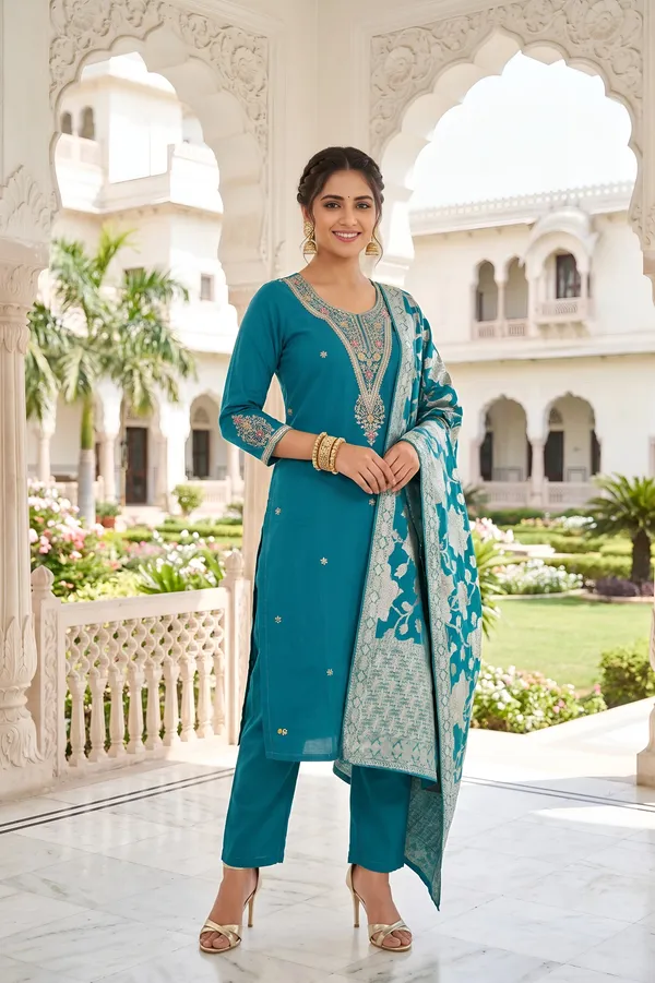 Peacock_Blue_Roman_Silk_3_Piece_Suit_For_Women