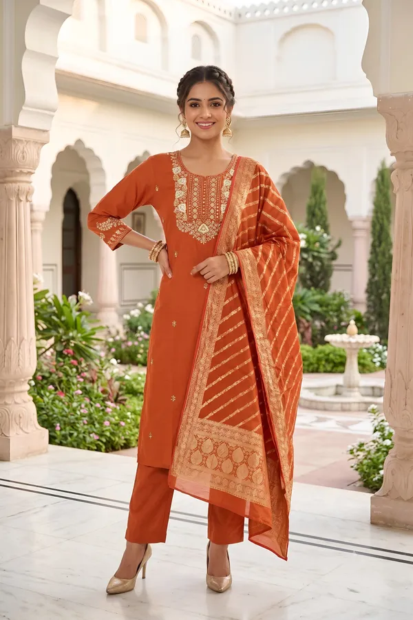 Rust_Orange_Roman_Silk_3_Piece_Suit_For_Women