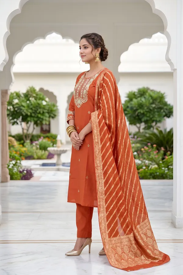 Rust_Orange_Roman_Silk_3_Piece_Suit_For_Women