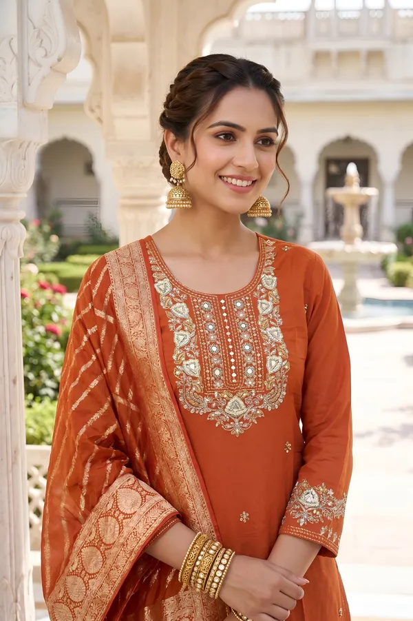 Rust_Orange_Roman_Silk_3_Piece_Suit_For_Women
