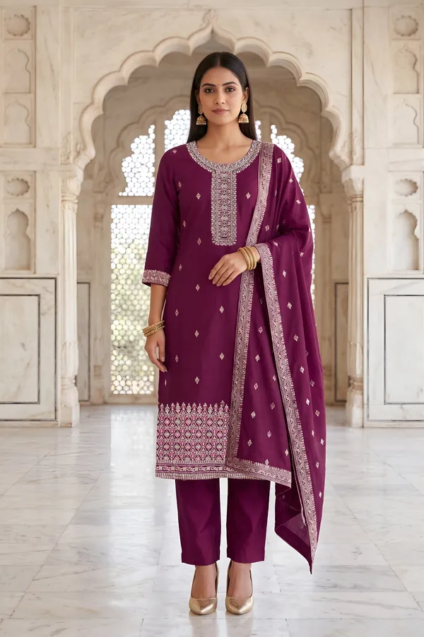 Dark_Wine_Vichitra_3_Piece_Suit_For_Women