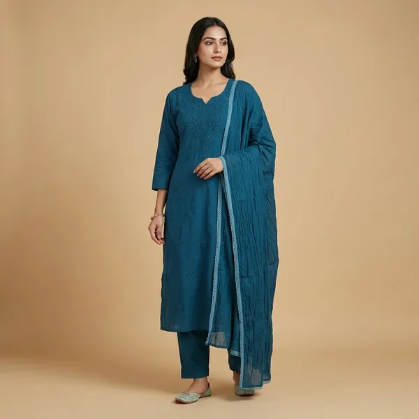 Teal_Heavy_Rayon_With_Embroidery_Work_Kurta_And_Pant_Set_With_Dupatta_For_Women