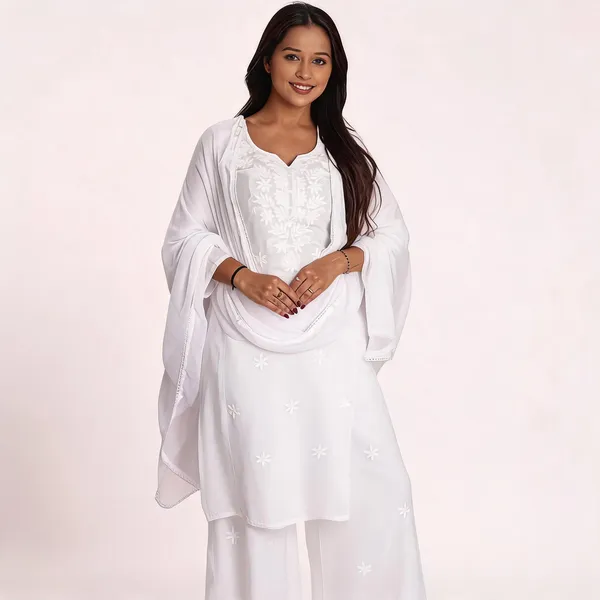White_Heavy_Rayon_With_Embroidery_Work_Kurta_And_Pant_Set_With_Dupatta_For_Women