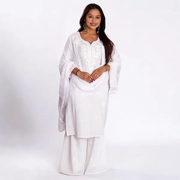 White_Heavy_Rayon_With_Embroidery_Work_Kurta_And_Pant_Set_With_Dupatta_For_Women