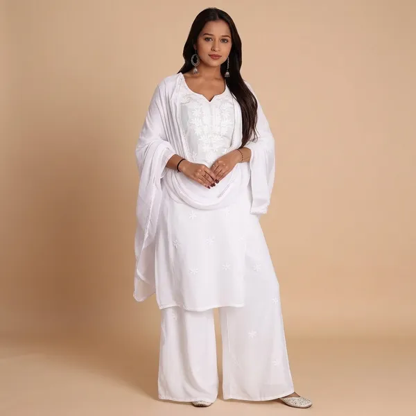 White_Heavy_Rayon_With_Embroidery_Work_Kurta_And_Pant_Set_With_Dupatta_For_Women