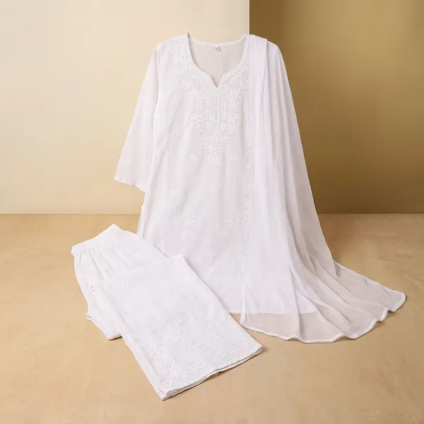 White_Heavy_Rayon_With_Embroidery_Work_Kurta_And_Pant_Set_With_Dupatta_For_Women