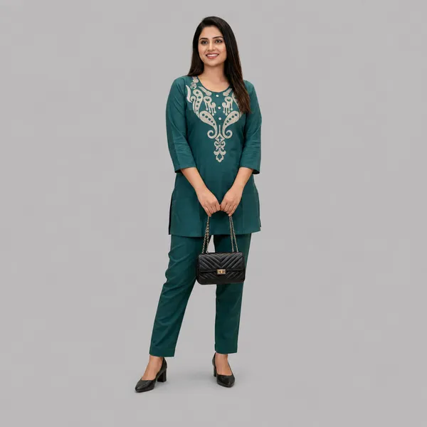 Teal_Heavy_Rayon_With_Embroidery_Work_Co-Ord_Set_For_Women