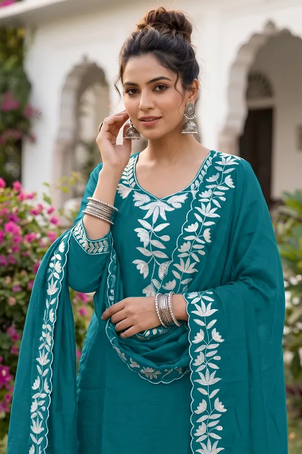 Teal_Vichitra_Silk_Kurta_And_Pant_Set_With_Dupatta_For_Women