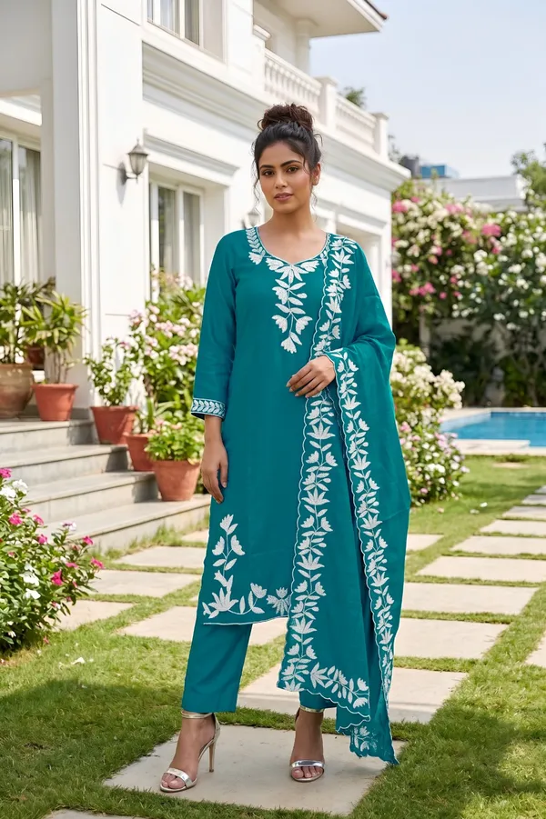 Teal_Vichitra_Silk_Kurta_And_Pant_Set_With_Dupatta_For_Women