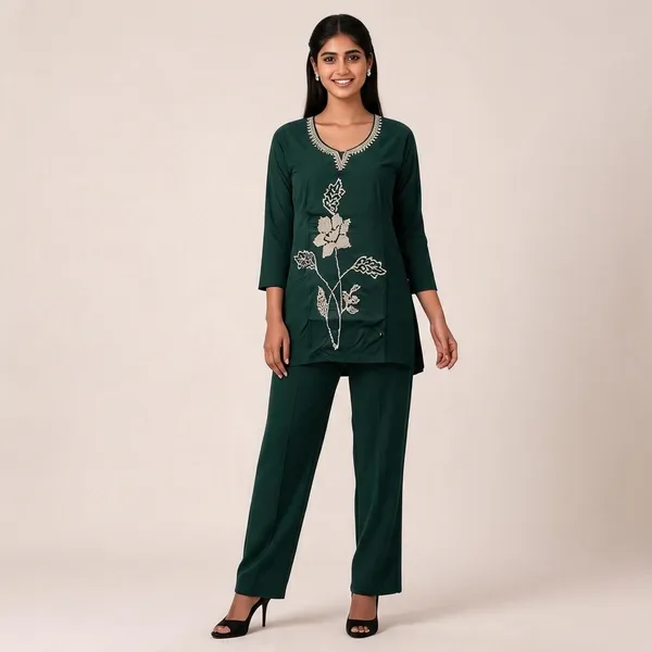 Deep_Green_Heavy_Rayon_With_Embroidery_Work_Co-Ord_Set_For_Women