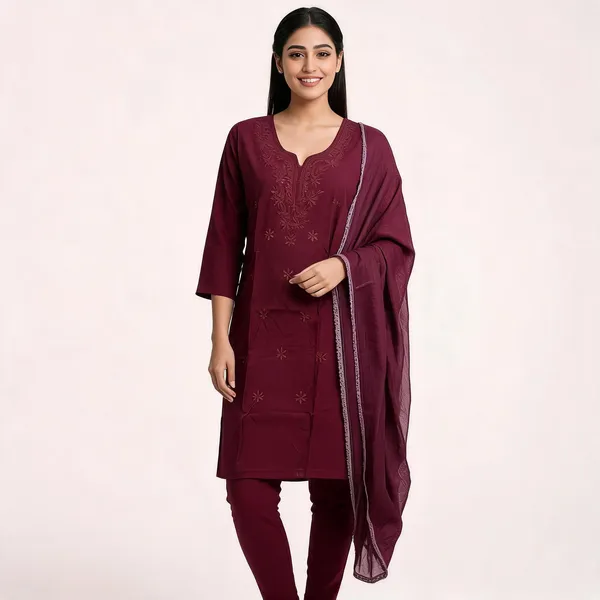 Maroon_Heavy_Rayon_With_Embroidery_Work_Kurta_And_Pant_Set_With_Dupatta_For_Women