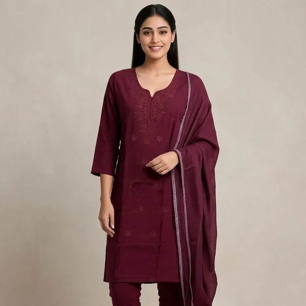 Maroon_Heavy_Rayon_With_Embroidery_Work_Kurta_And_Pant_Set_With_Dupatta_For_Women