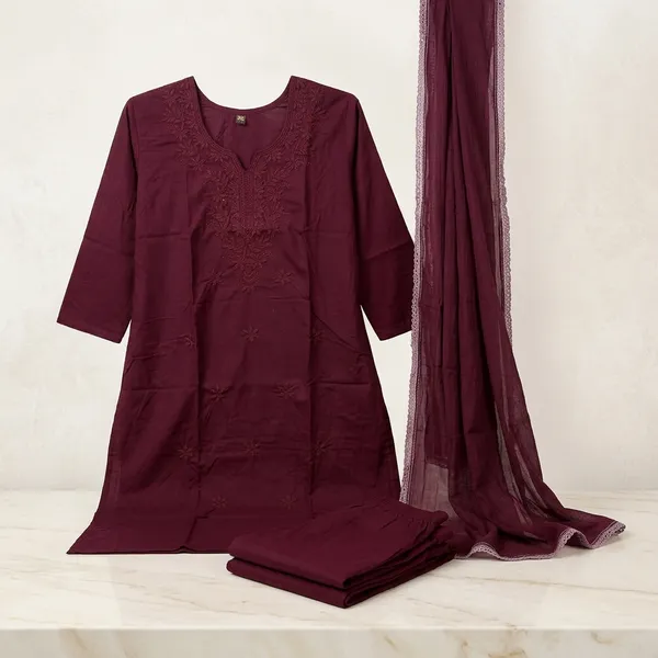 Maroon_Heavy_Rayon_With_Embroidery_Work_Kurta_And_Pant_Set_With_Dupatta_For_Women