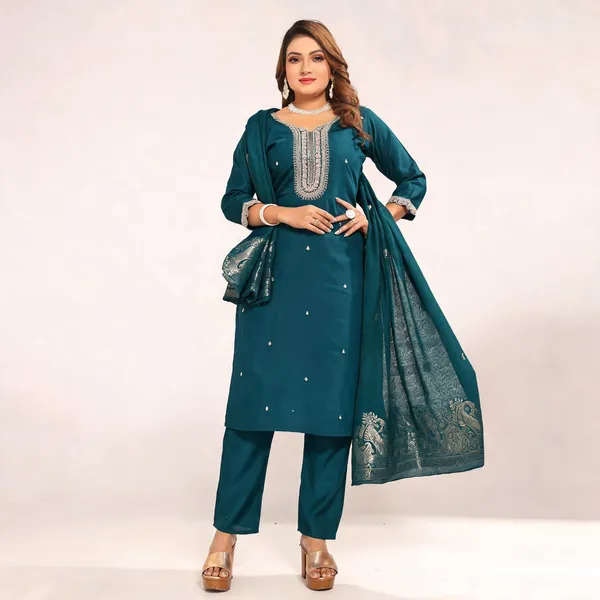 Teal_Roman_Silk_Kurta_And_Pant_Set_With_Dupatta_For_Women