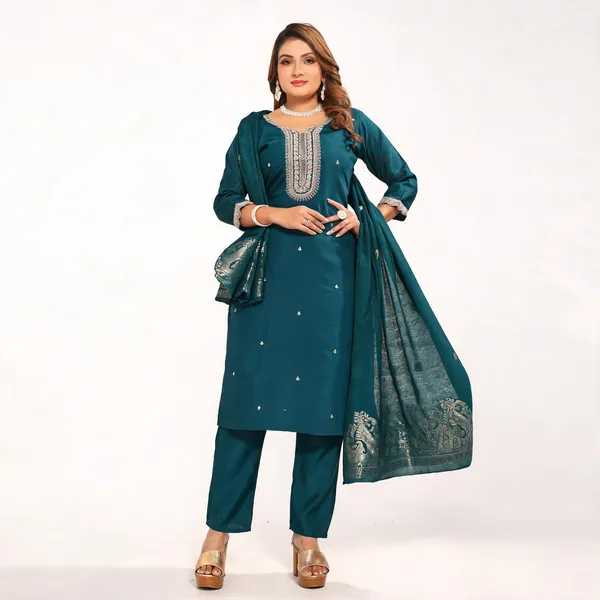 Teal_Roman_Silk_Kurta_And_Pant_Set_With_Dupatta_For_Women