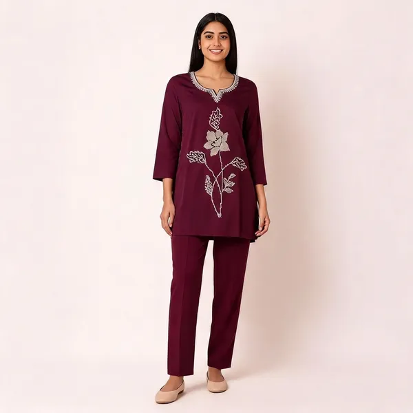 Maroon_Heavy_Rayon_With_Embroidery_Work_Co-Ord_Set_For_Women
