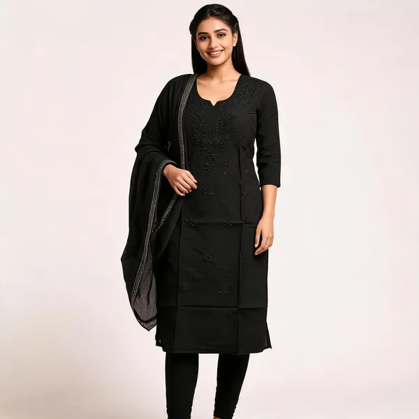 Black_Heavy_Rayon_With_Embroidery_Work_Kurta_And_Pant_Set_With_Dupatta_For_Women