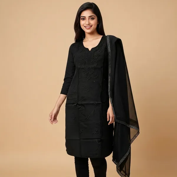 Black_Heavy_Rayon_With_Embroidery_Work_Kurta_And_Pant_Set_With_Dupatta_For_Women