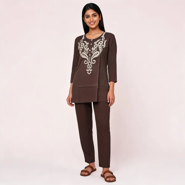 Brown_Heavy_Rayon_With_Embroidery_Work_Co-Ord_Set_For_Women
