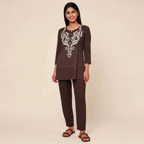 Brown_Heavy_Rayon_With_Embroidery_Work_Co-Ord_Set_For_Women