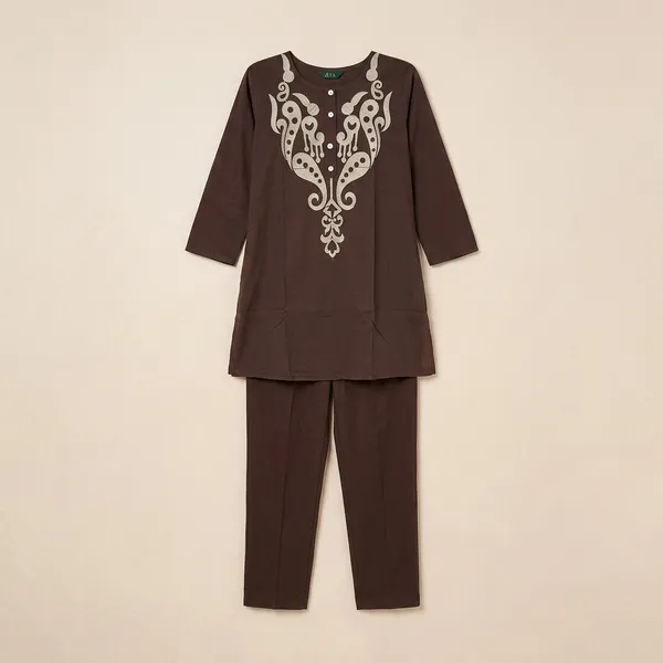 Brown_Heavy_Rayon_With_Embroidery_Work_Co-Ord_Set_For_Women