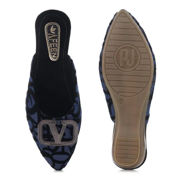 Women_S_Pointed_Toe_Mules_Navy_Blue_With_Black_Pattern_Metal_Buckle_Detail_Low_Heel_Slip_On