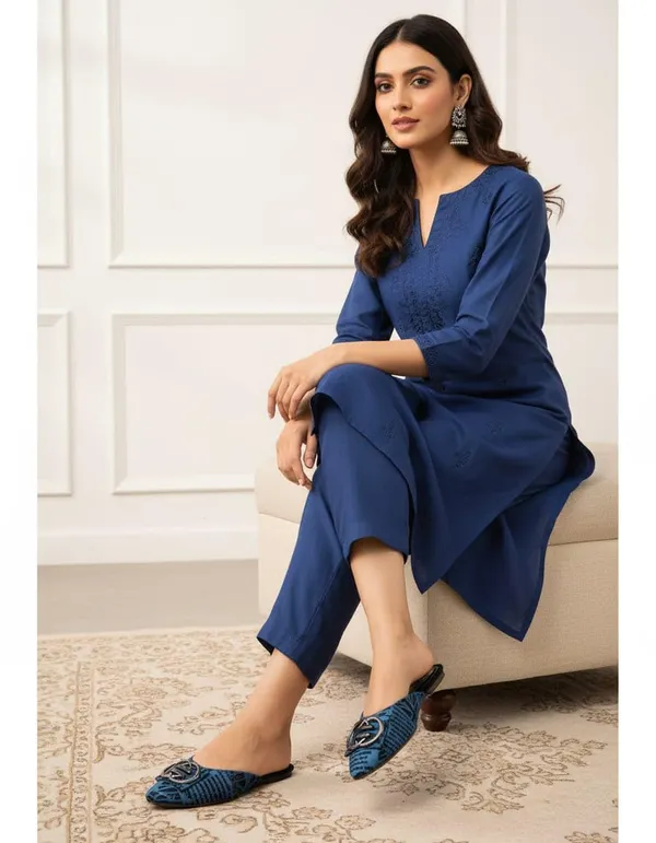 Women_S_Pointed_Toe_Mules_Navy_Blue_With_Black_Pattern_Metal_Buckle_Detail_Low_Heel_Slip_On
