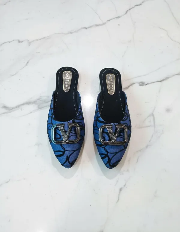 Women_Pointed_Toe_Mules,_Navy_Blue_With_Black_Pattern,_Metal_Buckle_Detail,_Low_Heel_Slip_On