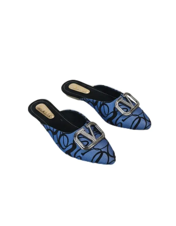Women_Pointed_Toe_Mules,_Navy_Blue_With_Black_Pattern,_Metal_Buckle_Detail,_Low_Heel_Slip_On