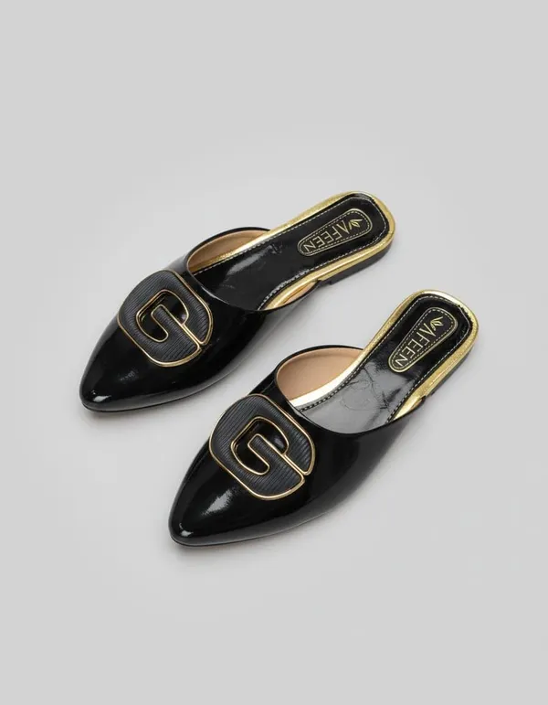 Women_S_Patent_Mule_Flats_With_Gold_Trim_Buckle_Detail_Sleek_Slip_On_Design_And_A_Bold_Decorative_Buckle_These_Flats_Combine_Comfort_With_Contemporary_Style