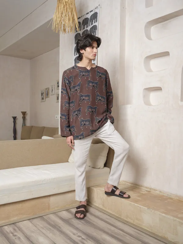Brown_Lyocell_Linen_Kurta_For_Men