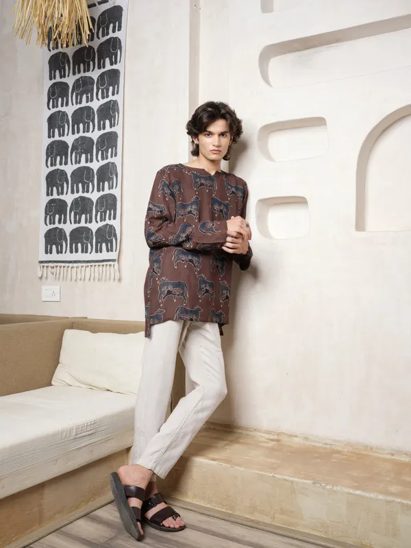 Brown_Lyocell_Linen_Kurta_For_Men