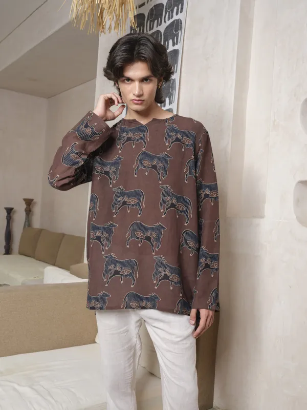 Brown_Lyocell_Linen_Kurta_For_Men