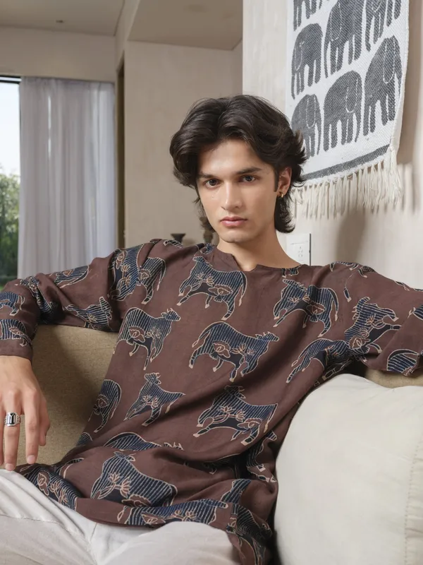 Brown_Lyocell_Linen_Kurta_For_Men