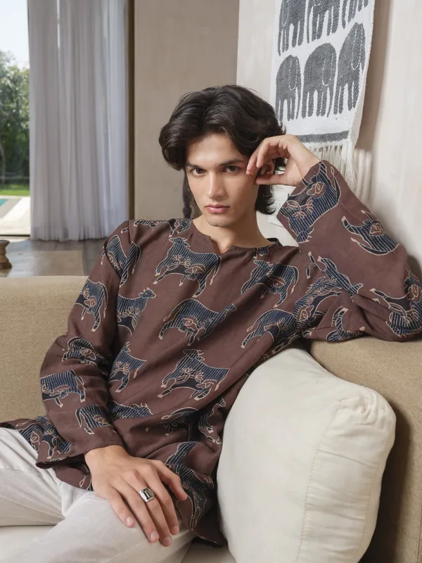 Brown_Lyocell_Linen_Kurta_For_Men