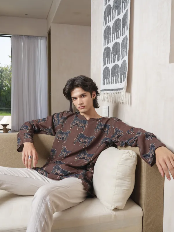Brown_Lyocell_Linen_Kurta_For_Men